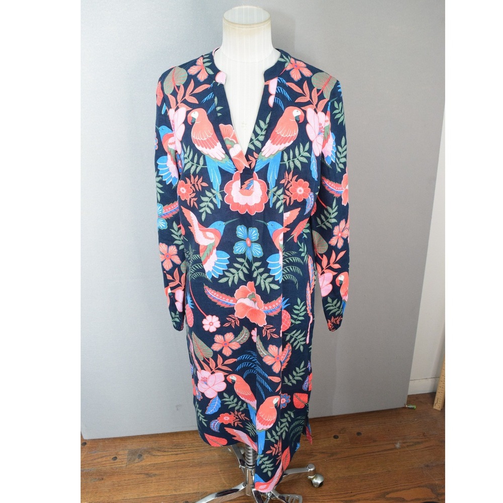 Boden Cleo Linen Dress 8L Parrot Tropical Print Kaftan Navy Blue Midi Womens